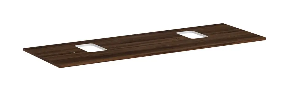 Konsole von Hansgrohe aus Holz mit zwei Ausschnitten, passend für Aufsatzwaschtische. Die Oberfläche hat eine dunkle Nussbaum-Optik.